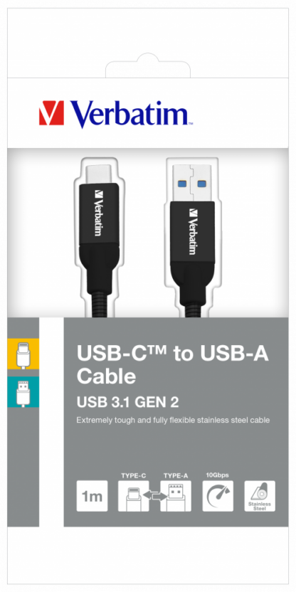 VERBATIM USB 3.1 TYPE-C TO USB-A STAINLESS STEEL CABLE 100CM