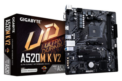 Gigabyte A520M K V2 Ultra Durable AMD AM4 Socket Motherboard, Micro-ATX, 2x DDR4 Slots, 1x M.2 Socket, GbE LAN, 1x D-Sub / 1x HDMI Port
