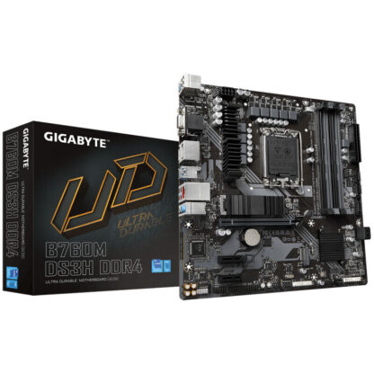 Gigabyte B760M DS3H DDR4 Ultra Durable Intel 1700 Socket Motherboard, Micro-ATX, 4x DDR4 Slots, 2x M.2 Sockets, 1x USB-C Port, 2.5GbE LAN, 1x D-Sub / 2x DisplayPorts / 1x HDMI Port
