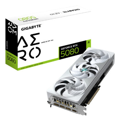 Gigabyte NVIDIA GeForce RTX 5080 AERO OC SFF 16GB GDDR7 Graphics Card, 10752 CUDA Cores, 2730 MHz Core Clock, Triple Fan, White, RGB, 3x DisplayPorts / 1x HDMI Por
